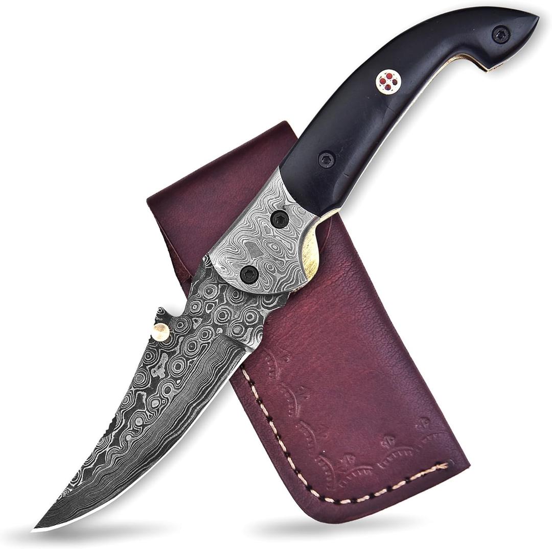 7.5 inch Damascus Pocket Knife with Sheath, Handmade Folding Pocket Knife for Men, Black-Red Wooden Handle with Brass Bolster, Secure Lock Back Camping Knife for EDC,Hunting,Hiking (Black Folding)