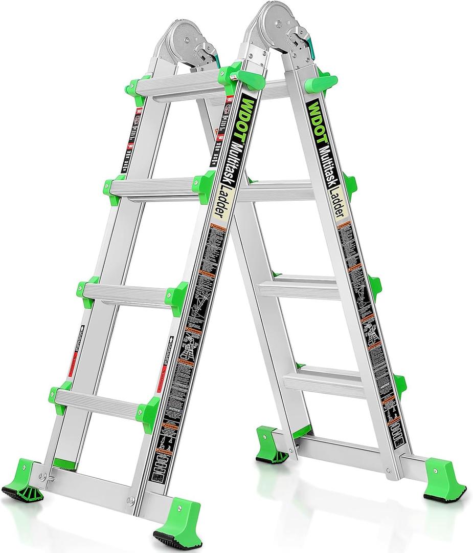 Ladder, Extension Ladders for Home Stairs 14 Ft, 4 Step Multi Position A Frame Ladder with Stabilizer Bar, Compact Folding, 330 lbs Telescopic Aluminum Adjustable Ladders, Escaleras para Casa (Green)