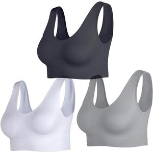 Women's Wireless Sleep Bras Unpadded Seamless Comfort Bras Throw-on Wirefree Bralettes 3 Pack (Black/White/Grey)