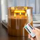 Extra Large Flameless Candles with 3 Wicks, 6"x6" Glass Battery Operated Candles with Remote, Real Wax Flickering LED Candles Fake Candle for Home, Wedding, Party, Glod