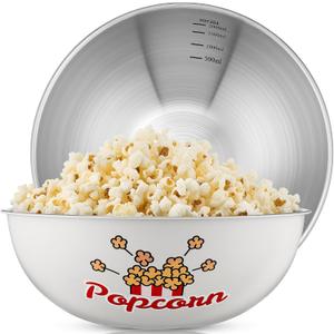 2 Pcs Stainless Steel Popcorn Bowl Set for Movie Night Carnival Party 3 Qt Reusable Metal Popcorn Buckets Large Snacks Mixing Bowl Serving Container for Home Kitchen (Pop,White)