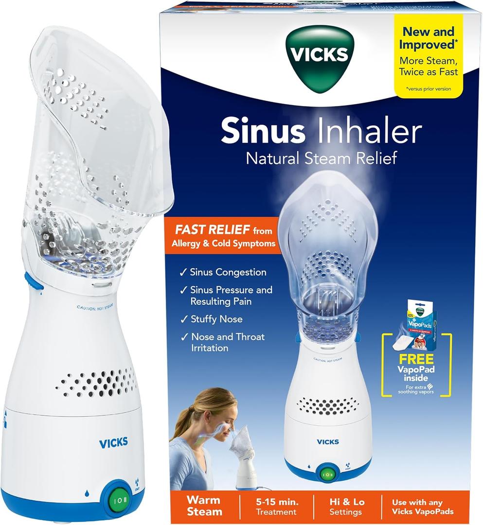 Vicks Sinus Inhaler, Plug-in Non-Medicated Steam Inhaler for Sinus Relief, Allergies, Congestion & Colds, Vocal Steamer, Soothes Nasal & Throat Passages, Works with Vapo Pads (1 Included)