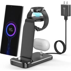 Charging Station for Samsung Multiple Devices,3 In 1 Fast Charging Stand Wireless Charger for Samsung Galaxy Watch 5/5 Pro/4/3/Active,Galaxy S23/S22/S21/S20/Note20/Note10/Z Flip 4/Z Fold 4,Galaxy Buds (Black)