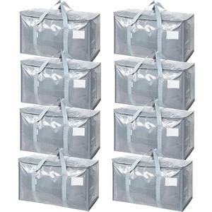 TICONN 8 Pack Extra Large Moving Bags Heavy Duty with Zippers & Carrying Handles, Durable Storage Bags Moving Boxes for Closet Organizers and Storage (8 Pack, Light Grey)
