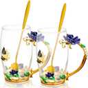 Tioncy 2 Sets Gifts for Mom Birthday Gifts for Mom Women Enamel Flower Glass Tea Cup with Spoon Enamel Glass Coffee Mugs for Wife Sister Grandma, Mother's Day Graduation Retire Gifts(Blue)