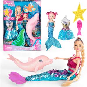 Yellow River Mermaid Princess Doll with Little Mermaid and Pink Dolphin Playset, Blonde Hair Mermaid Toys with Accessories, Gift for 3 to 7 Year Old Girls