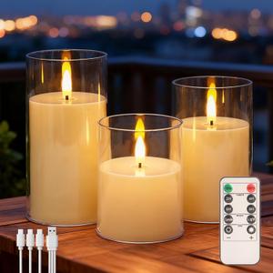 3-Pack Rechargeable Flameless Candles with Remote & Timer, Flickering LED Candles for Living Room, Fireplace, TV Stand & Bedroom Night Light, Holiday Party Decor, Housewarming Gift (Yellow) (Ivory)