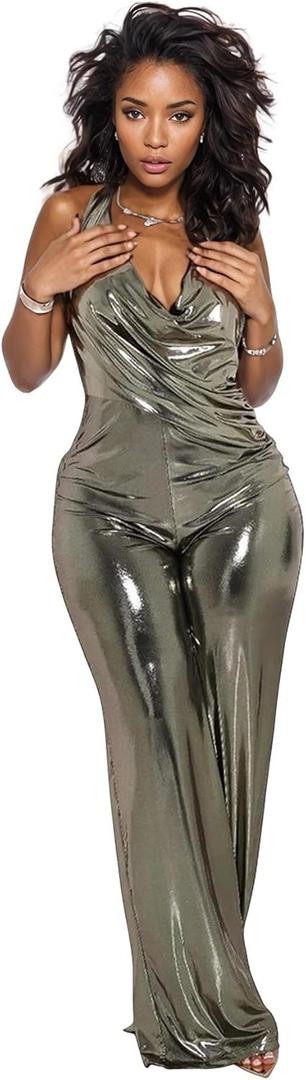 DINGANG Womens Sexy Metallic Halter Jumpsuit Backless Sleeveless One Piece Wide Leg Rompers for Party Club (Medium, Silver)