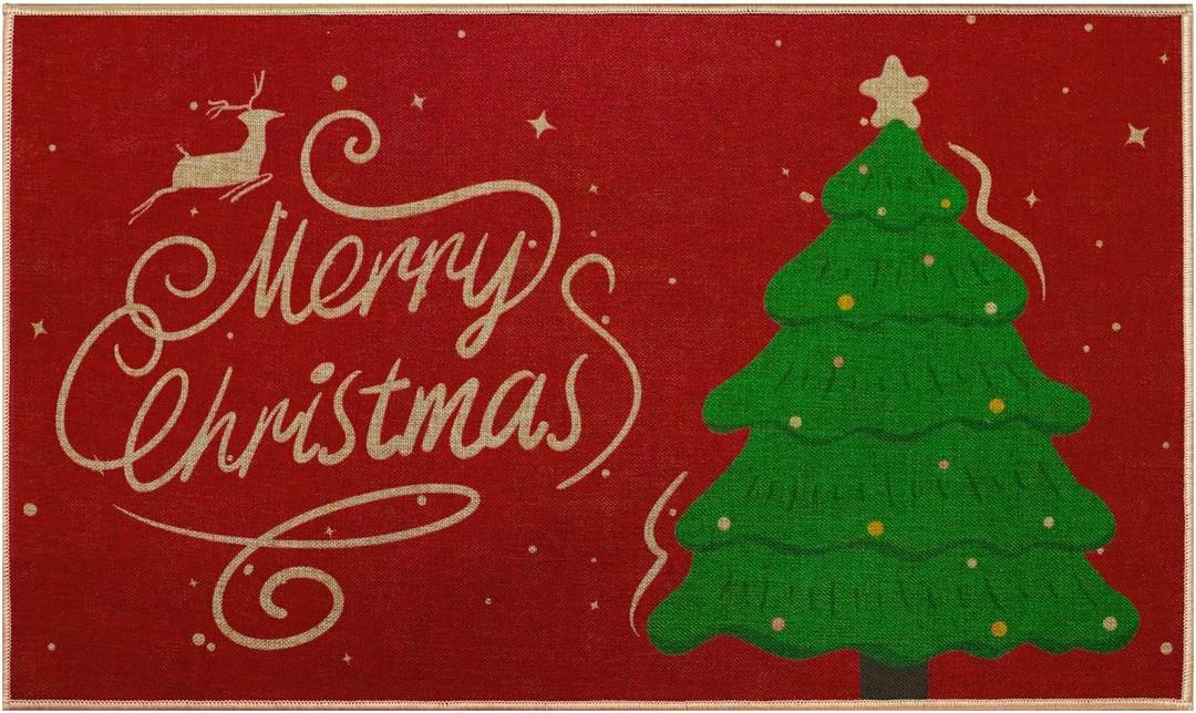 EOGOW Christmas Rug, Christmas Kitchen Bathroom Rugs, Non-Slip Rubber Backing Christmas Tree Design Outdoor Mat, Machine Washable, Low-Pile Rug, Winter Home Decor Floor Mat for Indoor Outdoor, 17" x 29"