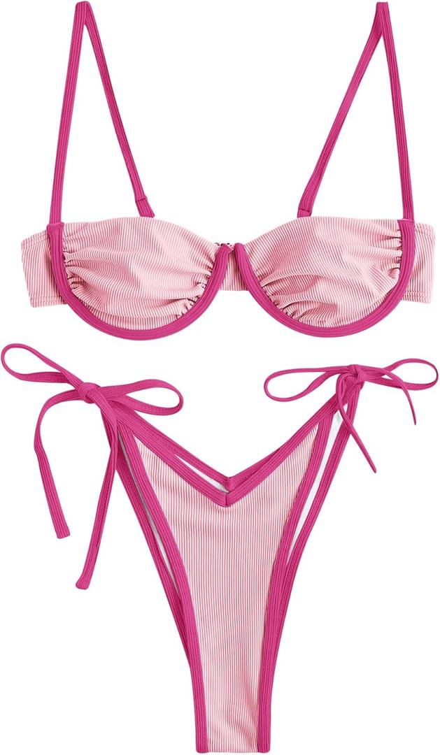 ZAFUL Women's Underwire Bikini Floral High Cut Bikini Set V-Wired Two Piece Swimsuit Bathing Suit (Large, 2-rose Red)
