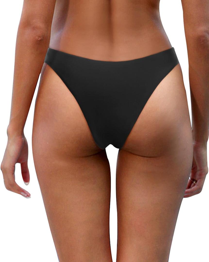 Aqua Eve Women Cheeky Bikini Bottom Brazilian High Cut Swim Bottom Low Rise Bathing Suit Bottom (Medium, Black)