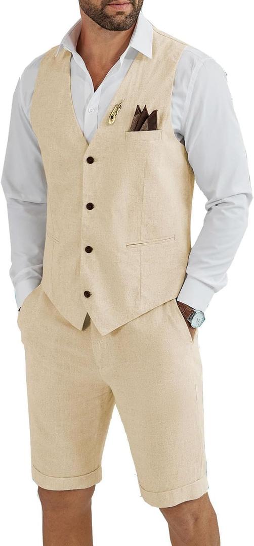 Men's Linen 2 Piece Suit Slim Fit Wedding Groom Groomsmen Summer Vest Shorts Set (3X-Large, Champagne)