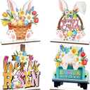 2 x Easter Decor- 4pcs Wooden Easter Bunny Table Centerpieces for Tabletop Rustic Bunny Wood Table Sign with Eggs and Flower Ornament, Farmhouse Rabbit Decorations for home, Office, and Party Suppliers