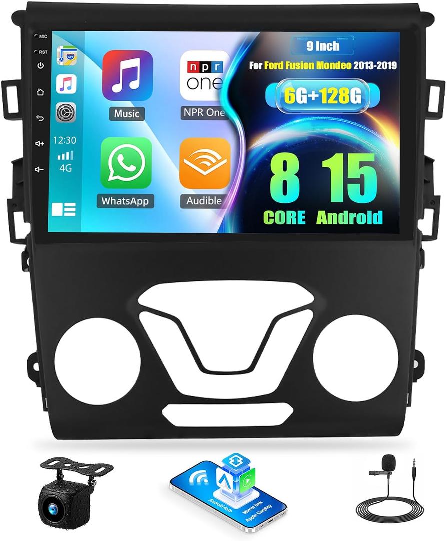 8 Core 6G+128G Android Car Stereo Radio for Ford Fusion Mondeo 2013-2019 with 9 Inch 360° Panoramic View Touch Screen Wireless CarPlay Android Auto Backup Camera GPS WiFi