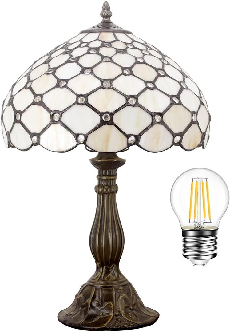 WERFACTORY Tiffany Lamp Cream Amber Stained Glass Bead Table Lamp Desk Bedside Reading Light 12X12X18 Inches Deco Bedroom Living Room Home Office S005 Series