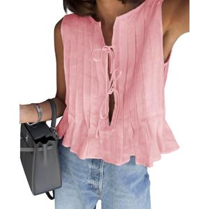 Cicy Bell Womens Bow Front Tie Tank Tops Pleated Babydoll Top Sleeveless Cute Coquette Shirt Summer Outfits (Pink, XL)