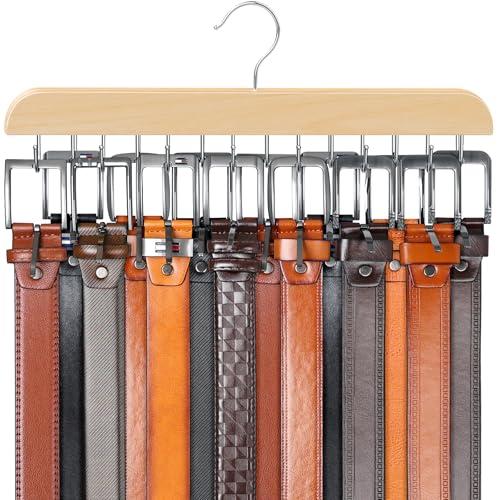 Belt Hanger for Closet Max 42 Belts, Sturdy Wood Belts Rack Closet Accessories with 14 Hooks Belt Organizer for Men Organizers and Storage -Wood 1 Pack