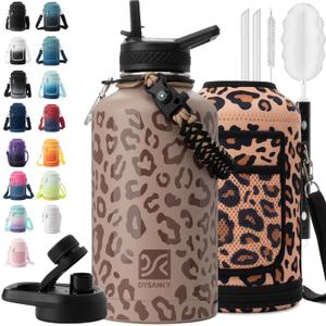 Insulated Water Bottle | Thickened Stainless Steel Vacuum Metal | Portable Sports Half Gallon Large Water Jug for Gym and Hiking with Straw, Carrier Bag, Handle Strap | BPA-Free 64 oz (Leopard Print)