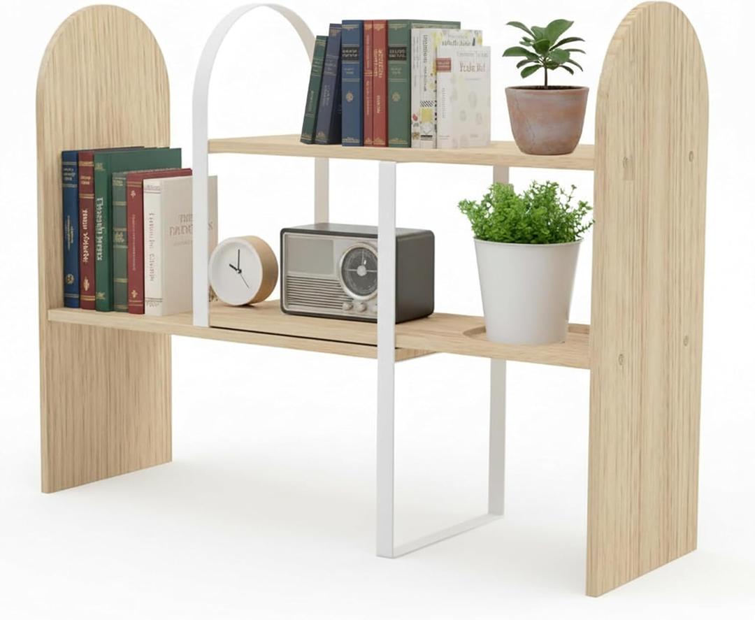 Maplefield Desk Hutch Expandable Shelf Organizer, Natural Finish, Engineered Wood Desktop Storage Rack for Office, Dorm, or Home  Adjustable Over Desk Bookshelf for Supplies, Decor & Accessories