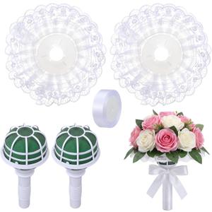 Ferrochef 2 Set White Lace Handle Bouquet Holder Foam Floral Handle Wedding Bridal Bouquet Holder DIY with 1 inch White Satin Ribbon for Bride & Bridesmaid Fresh & Artificial Flower Arrangements