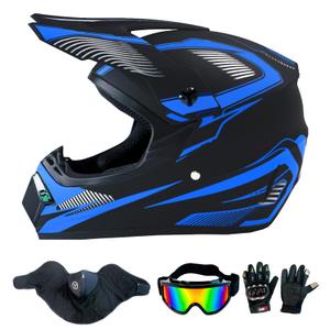 LASFRE Dirt Bike Helmet Motocross ATV Motorcycle Full Face Off-Road E Bike Helmet DOT with Goggles Gloves Mask Royal Blue Stripe L (58-59 cm) (Blue, M)