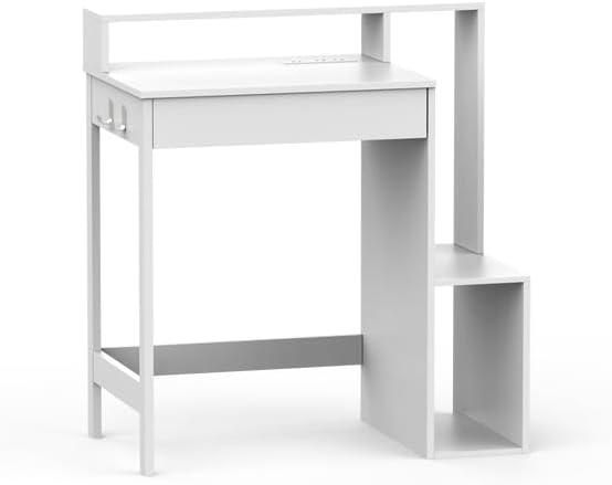 Haotian Desk with Power Outlet, Small Computer Desk with Drawer and Open Storage Shelves, Modern Study Writing Desk with Side Hook for Bedroom or Home Office, White FWT111-W