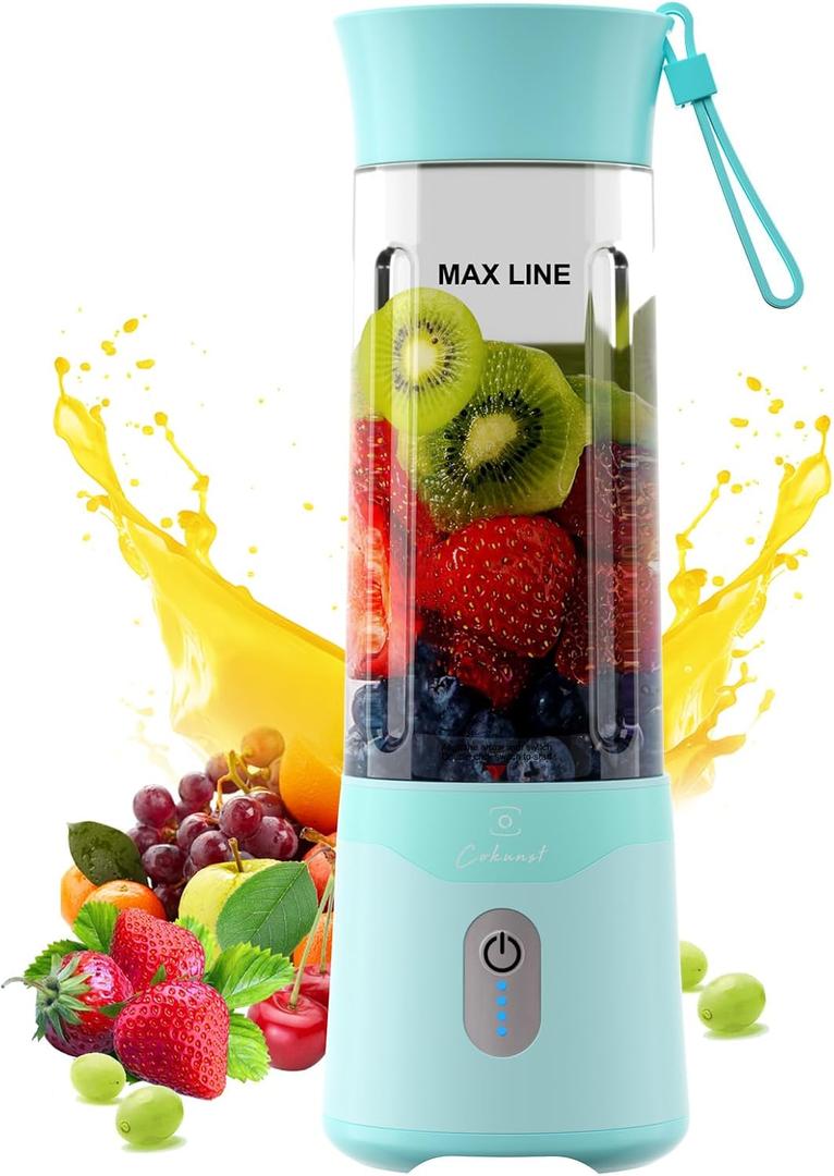 COKUNST 18oz Portable Blender, USB Rechargeable Personal Size Blenders, Smoothie Blender with 6 Blades for Protein & Shakes, Mini juicer with Extra Handle Lid for Travel Sports Outgoing (Green)