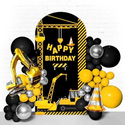 Happy Birthday Arch Cover 7.2Ft Construction Theme Party Decorations Supplies Truck Theme Double-Sided Spandex Backdrop Round Top Stretchy Party Photography Decor