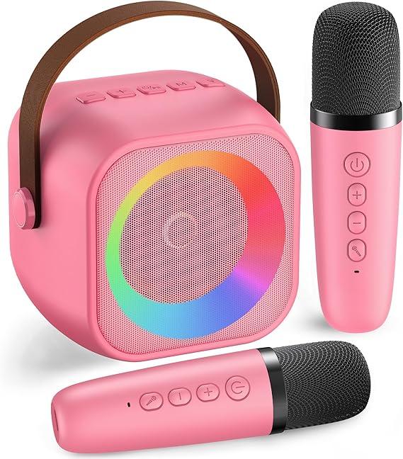 Mini Karaoke Machine with 2 Wireless Microphones for Kids Adults,Portable Bluetooth Karaoke Speaker with Party Lights,Christmas Birthday Gifts for Girls Ages 4-12+ Family Home Party