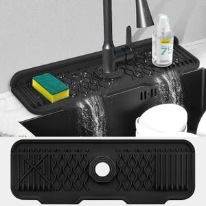 Kitchen Sink Splash Guard, Silicone Faucet Mat for Kitchen, 5 Slope Design for Easier Draining, 90 Foldable Design to Accommodate a Variety of Sink Countertops Black (17.5 * 5.5)