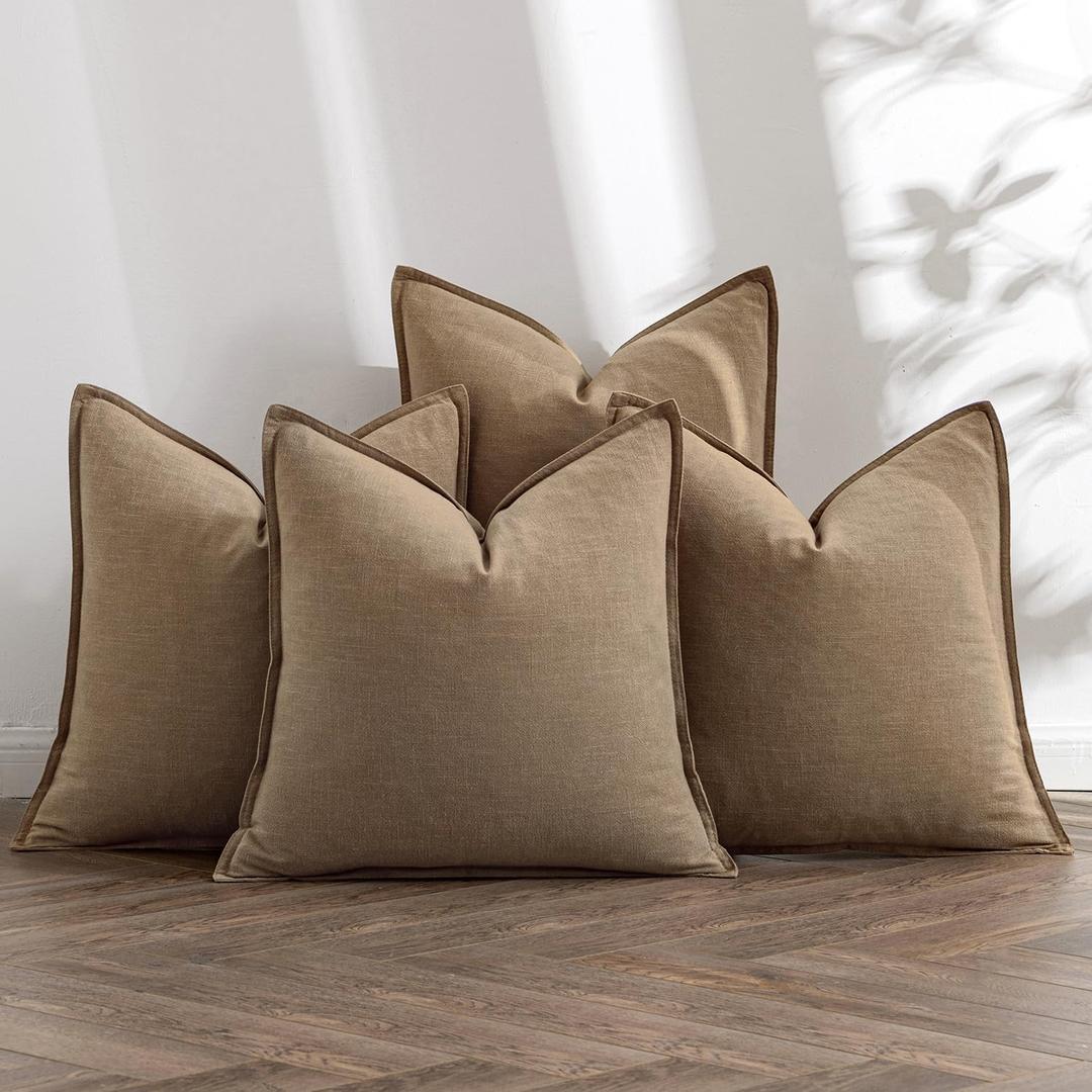 MIULEE Khaki Linen Pillow Covers Pack of 4 Decorative Natural Solid Throw Pillow Covers Soft Accent Boho Farmhouse Couch Pillowcases Modern Spring Home Decors for Living Room Bed Sofa 24x24 Inch