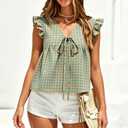 Women's Peplum Tops Summer Gingham Shirt V Neck Ruffle Cap Sleeve Tie Front Top Plaid Babydoll Tank Top Beach Outfits (L)