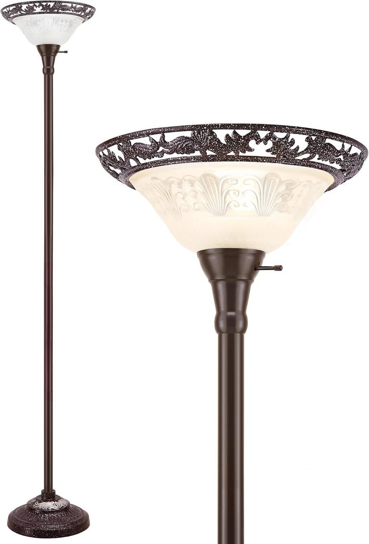 Luvkczc Torchiere Floor Lamp for Living Room - 70" Victorian Floor Lamp with with Etched Glass Shade, Vintage Standing Corner Tall Reading Light for Bedroom Office (Red Brown, Glass 1 Head)