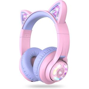 iClever Cat Ear Kids Bluetooth Headphones, LED Lights Up, 74/85dBA Volume Limited, 50H Playtime,Bluetooth 5.2, USB C, Kids Headphones Wireless for Travel iPad Tablet, Meow MacaronGradient Pink