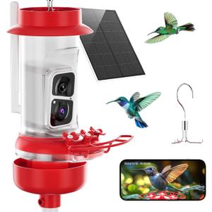 Soliom Hummingbird Feeder with Camera, Smart Feeder Camera with 2K Live View AI Identify, Leak Proof&Ant Moat&Bee Proof, Outdoor Pole/Hook Hanging, Ideal Gift for Family, 16 OZ with Solar Panel Red