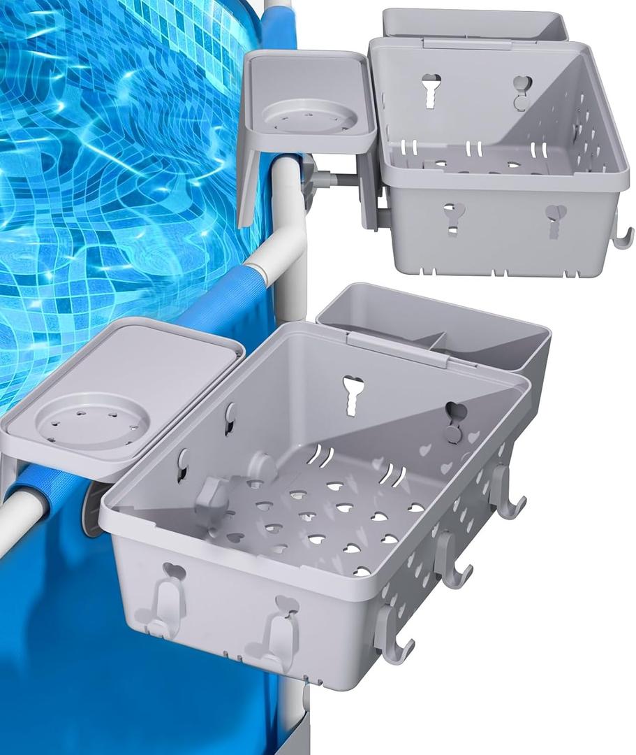 (2025 Upgrade) 2-Pack Poolside Storage Basket Above Ground Pool Accessories, Pool Storage Basket with Cup Holder, Poolside Storage to Organize Drink, Cup, Towel, Phone, Sunglasses and More(Light Grey)