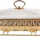 Ceramic Casserole Dish with Glass Lid and rack, 1.6 Quart Serving Soup Tureen,Chafing Dish for Buffet, Family Food Tray, Catering Casserole for Party Style,White 15.2 Inch Rectangular
