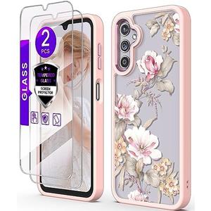DagoRoo for Samsung Galaxy A14 5G Case with Tempered Glass Screen Protector [2 Pack],[Military Grade Protective] Slim Soft TPU & Hard PC,Girls Women Crystal Clear Flower Pattern Case-Ranunculus/Pink
