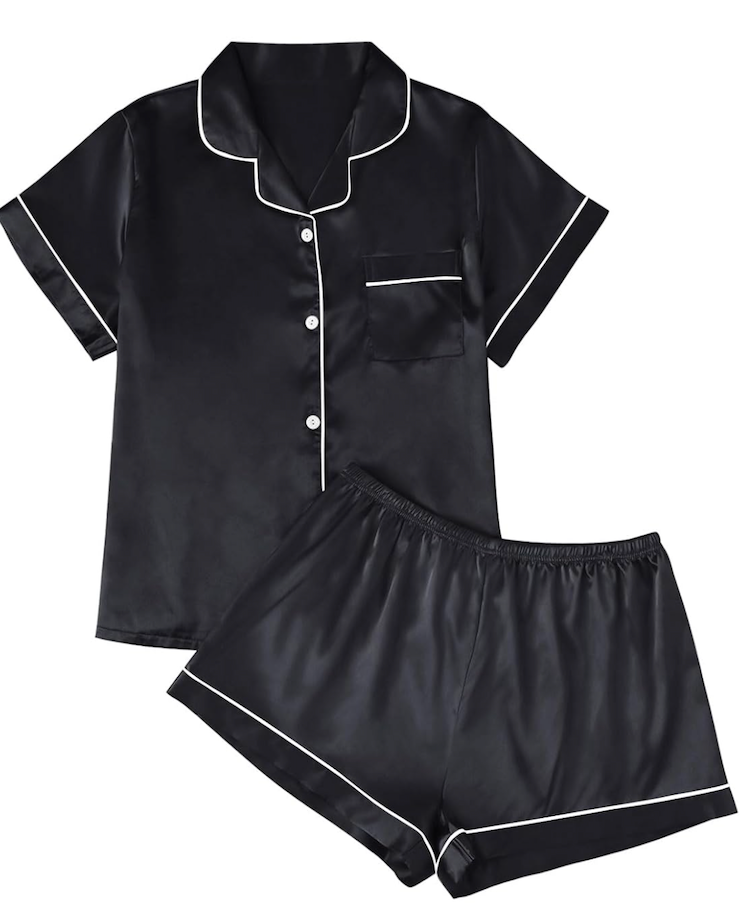 LILLUSORY Silk Satin Pajama Set for Women 2 Piece Lounge Pjs Shorts Matching Summer Sleepwear Button Down Shirt Shorts, Size M