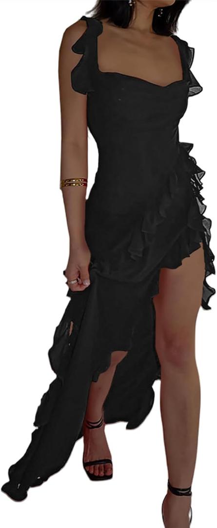 Ecirod Womens Spaghetti Strap High Slit Bodycon Maxi Dress Square Neck Backless Party Club Dresses (Medium, Black)