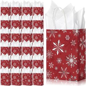 Zachely 24 Christmas Snowflake Gift Bags, Winter Red Treat Bags Bulk with 24 Tissue Paper, Holiday Kraft Paper Bags Goodie Bags with Handles for Christmas New Year Holiday Party Favors, 3.1x7x8.7 Inch