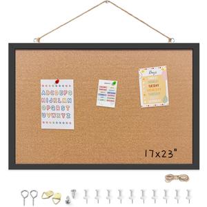 Cork Bulletin Board, 17x23 Inches Hanging Cork Board Wooden Framed with Pins for Wall, Dorm Room, Office, Home Decor  Natural Cork & Black Frame