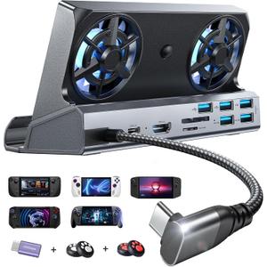 LISEN 10-IN-1 Docking Station for Steam Deck OLED&ROG Ally X&Legion Go, Dual Cooling Fan 5 USB Ports and 4K@60Hz, 100W Charging Port Support ROG Ally 30W Mode, Gigabit Ethernet Fit for Steam Deck OLED