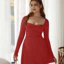 BEAGIMEG Women's Sexy Bodycon Long Sleeves A-line Sweetheart Neck Ruched Club Party Mini Dress (Red, S)