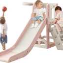 Toddler Slide,Kids Climber Slide with Storage Space and Non-Slip Steps,Indoor Outdoor Playset with Basketball Hoopa and Telescope,Slide for Toddlers Age 1-3 (Pink)