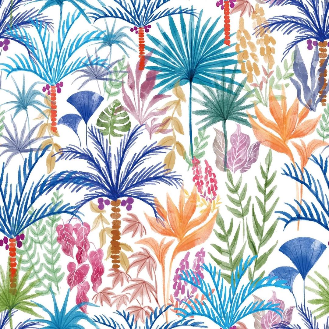 practicalWs Peel and Stick Wallpaper Boho 17.7" x 393.7", Colorful Floral Contact Paper for Bedroom Decor, Modern Coconut Tree Self Adhesive Removable Mural, Vinyl Wall Paper Roll (Blue)