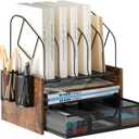 Wood Desk Organizer - 2-Tier Desktop File Organizer with Drawer with Vertical File Holder, Wooden Paper Tray, Office Desk Organzier and Accessories for Papers, Mail, Notebooks, Stationery