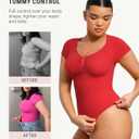FeelinGirl Short Sleeve Bodysuit for Women V Neck Tummy Control Shapewear Seamless Thong Body Suits Tops (Red, XL)
