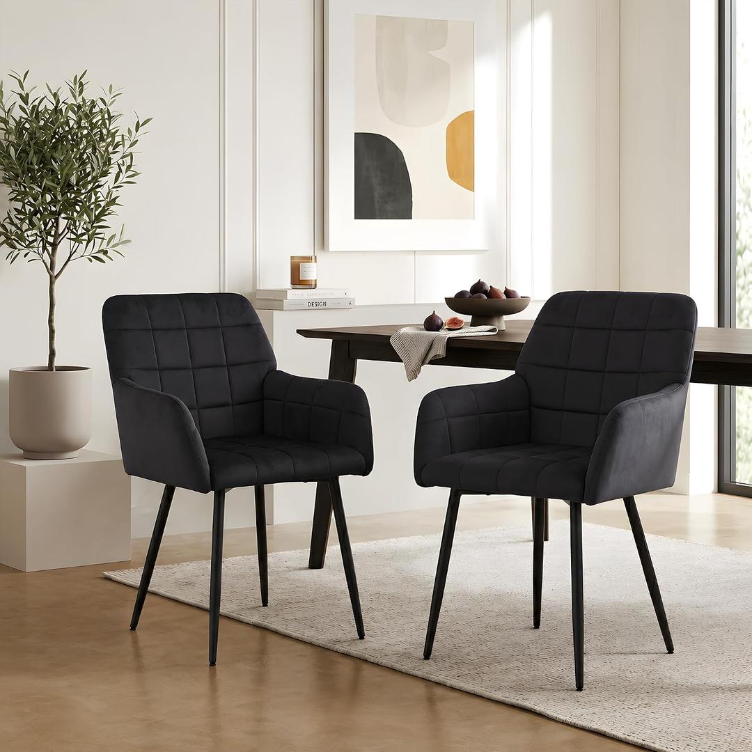Black Velvet Dining Chairs Set of 2, Modern Tufted Accent Chairs with Armrests & Black Metal Legs, Upholstered Side Chairs for Dining Room, Kitchen, Living Room, 21 x 21x 18