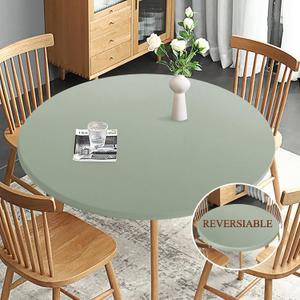 Obstal Fitted Round Table Cloth, Reversible Waterproof Stain Resistant Elastic Stretch Tablecloth, Wipe Clean Table Cover for Outdoor/Indoor Use, Fits Round Tables up to 40" - 44" Diameter, Sage Green
